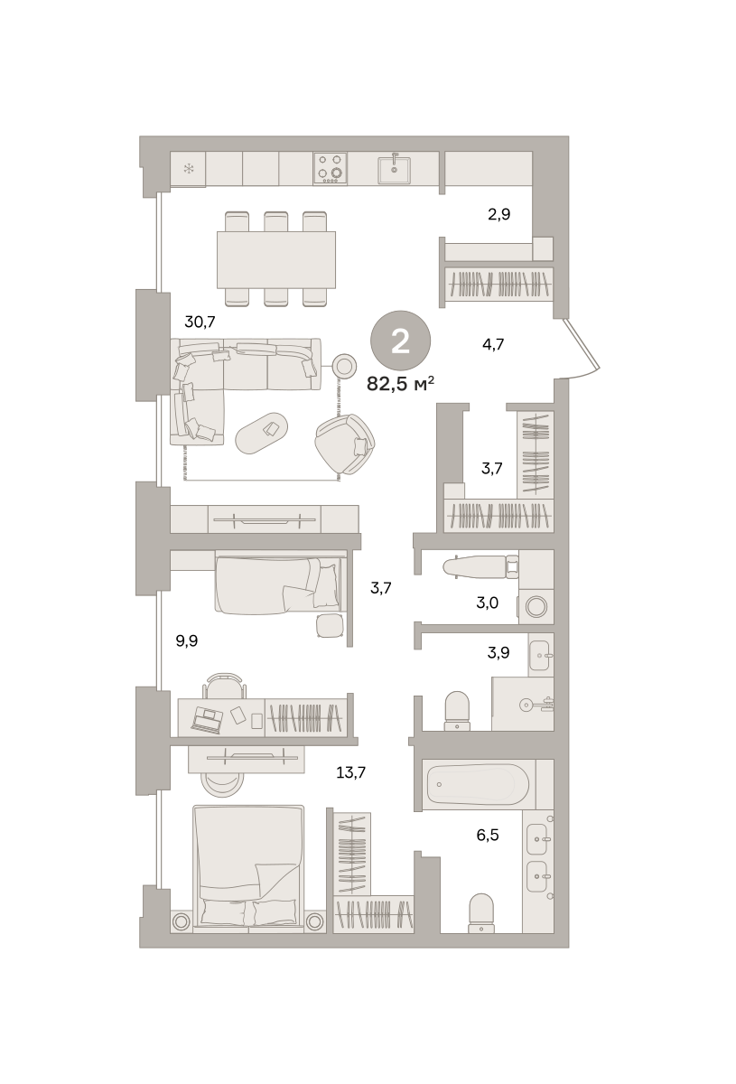 2 комн. Квартира 82.5 кв. м
