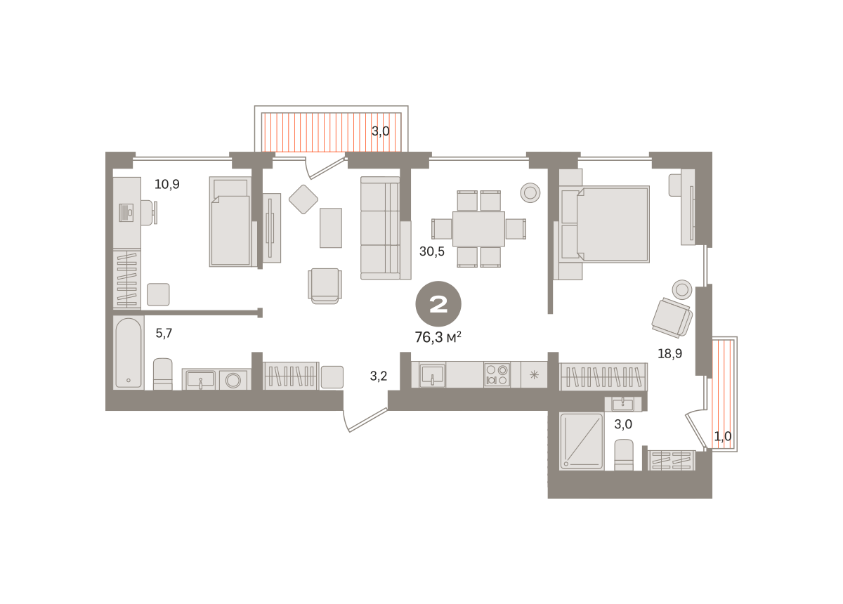 2 комн. Квартира 76.3 кв. м