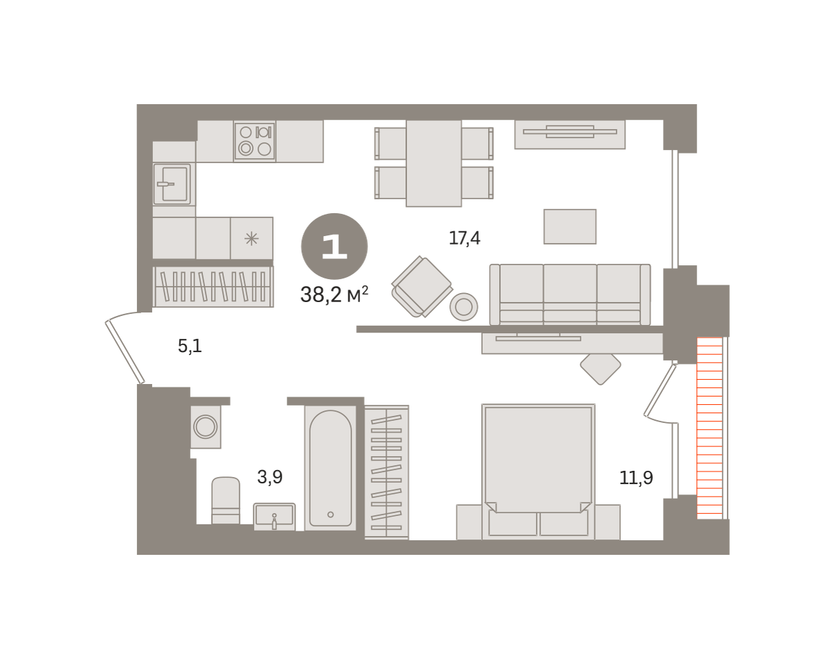 1 комн. Квартира 38.2 кв. м