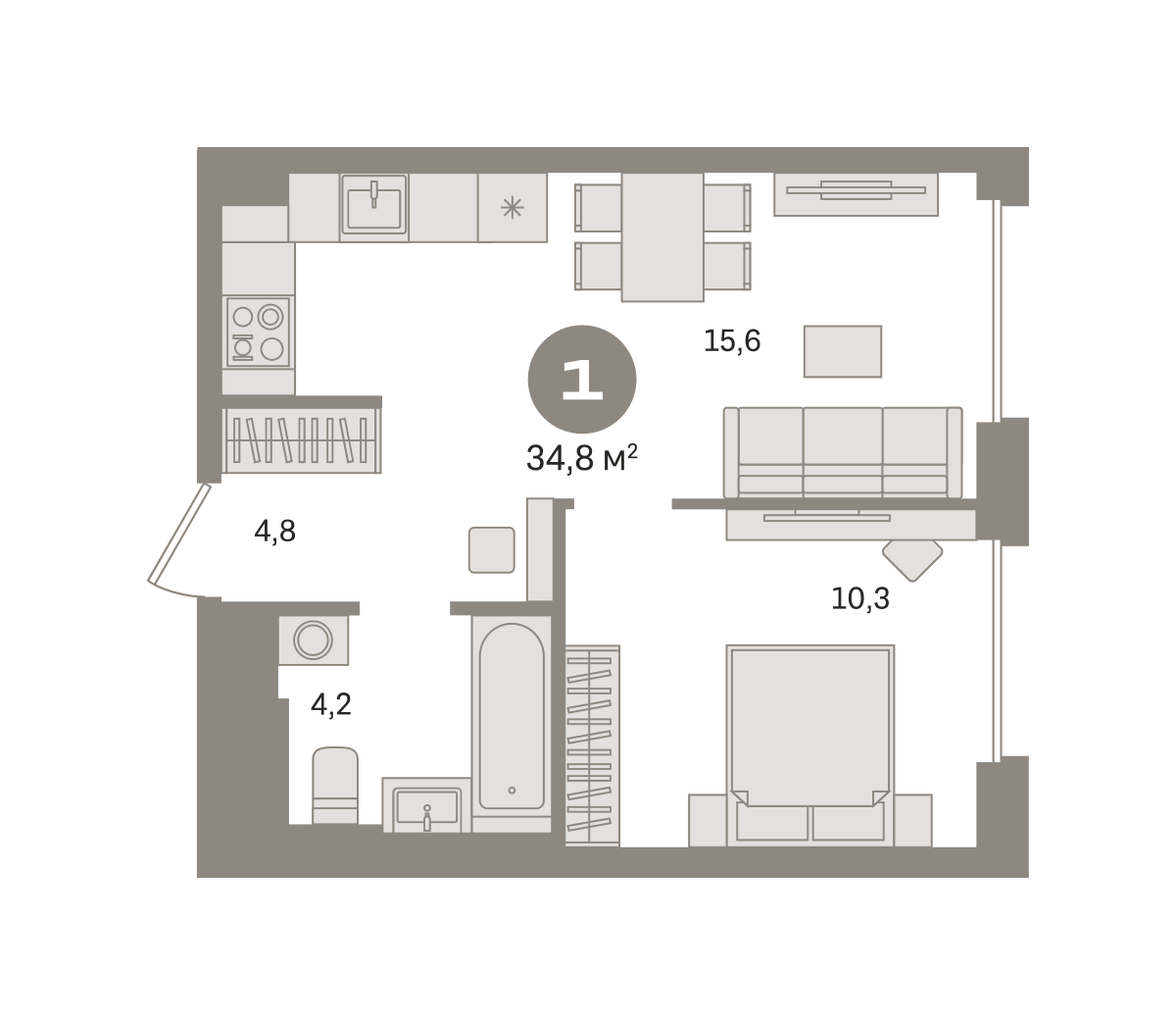 1 комн. Квартира 34.8 кв. м