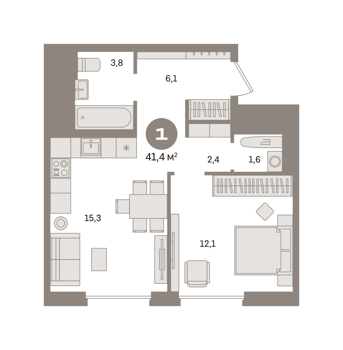 1 комн. Квартира 41.4 кв. м