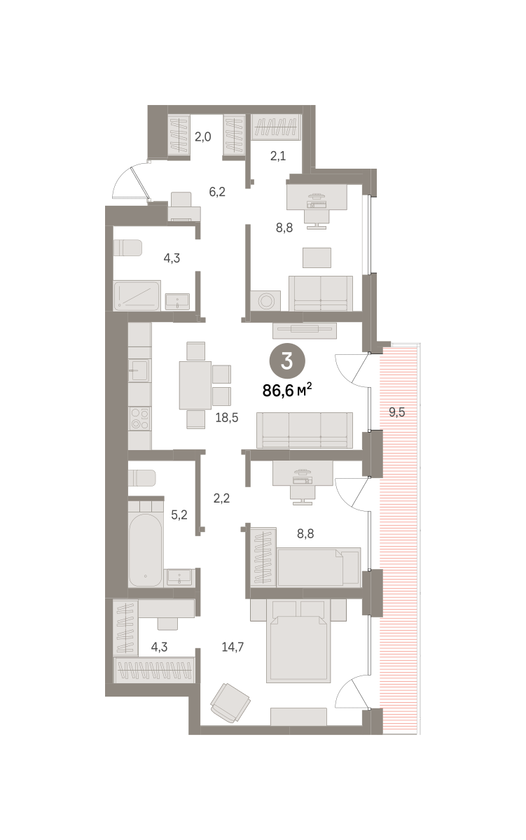 3 комн. Квартира 86.6 кв. м