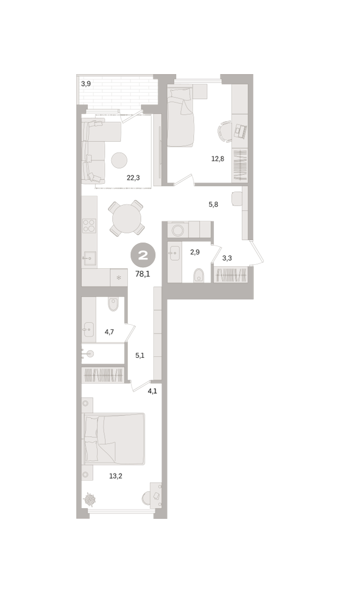 2 комн. Квартира 78.1 кв. м, Московская область Москва