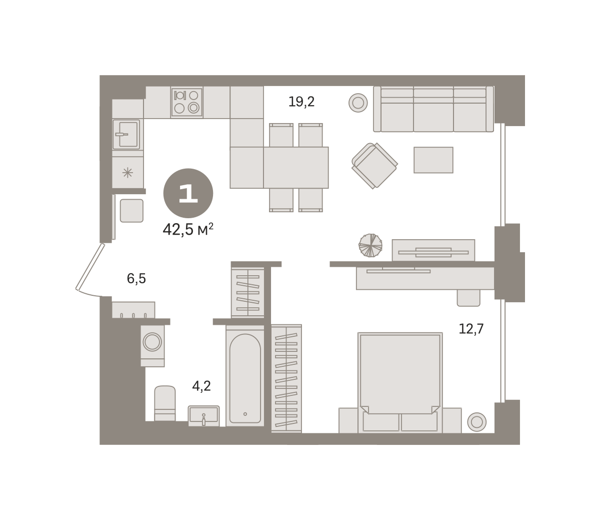 1 комн. Квартира 42.5 кв. м