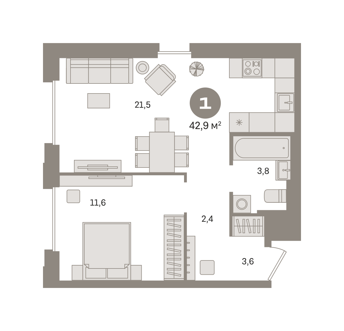 1 комн. Квартира 42.9 кв. м