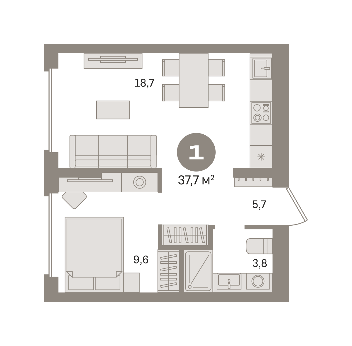1 комн. Квартира 37.7 кв. м