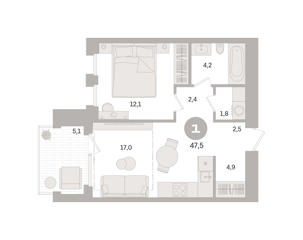 1 комн. Квартира 47.5 кв. м