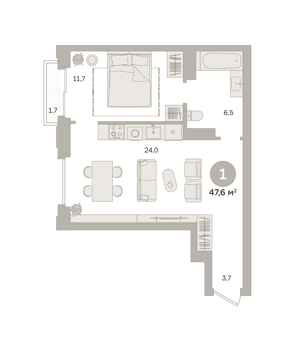 1 комн. Квартира 47.6 кв. м