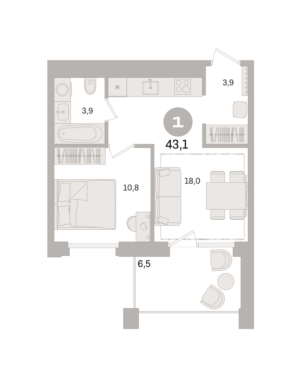 1 комн. Квартира 43.1 кв. м