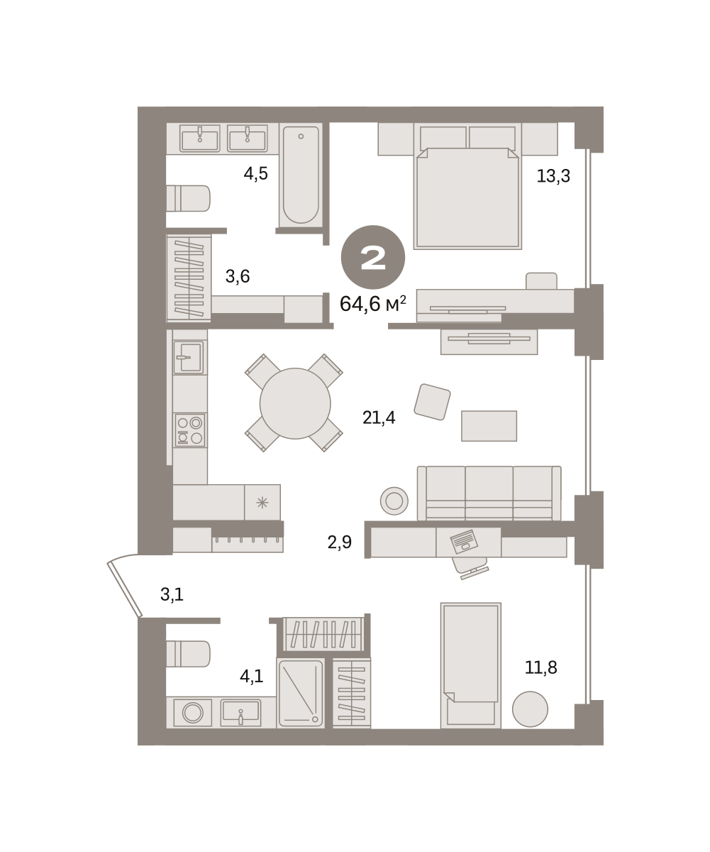 2 комн. Квартира 64.6 кв. м