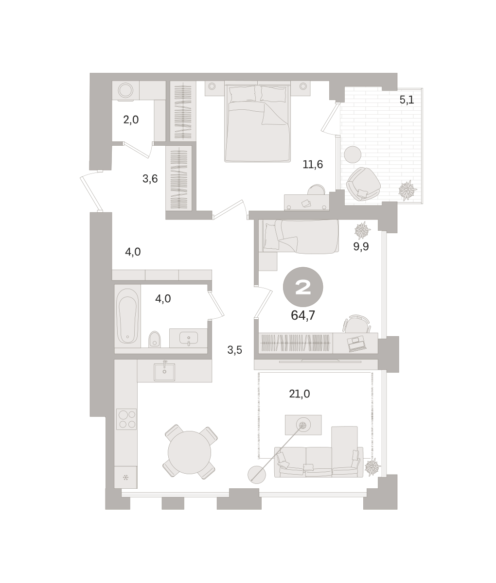 2 комн. Квартира 64.7 кв. м