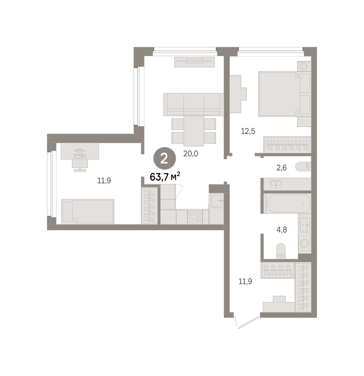 2 комн. Квартира 63.7 кв. м