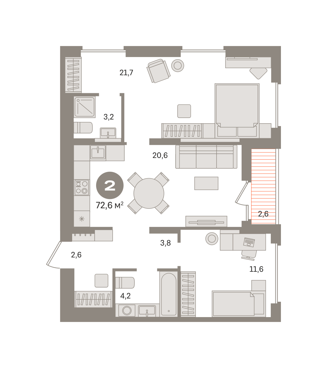 2 комн. Квартира 72.6 кв. м
