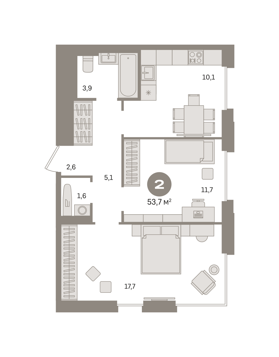 2 комн. Квартира 53.7 кв. м