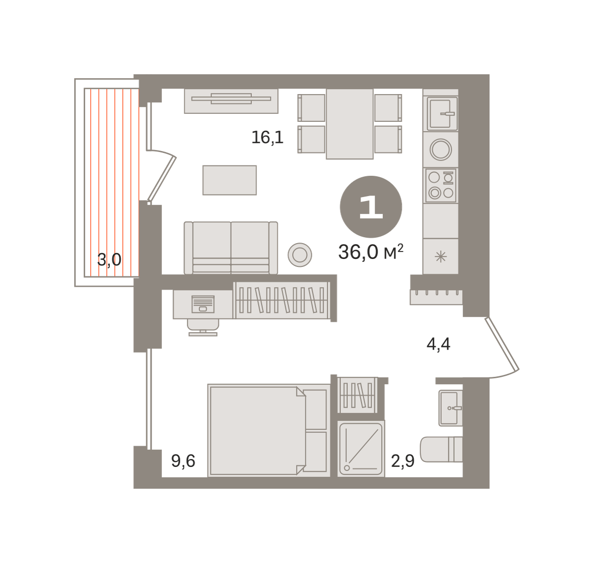 1 комн. Квартира 36 кв. м