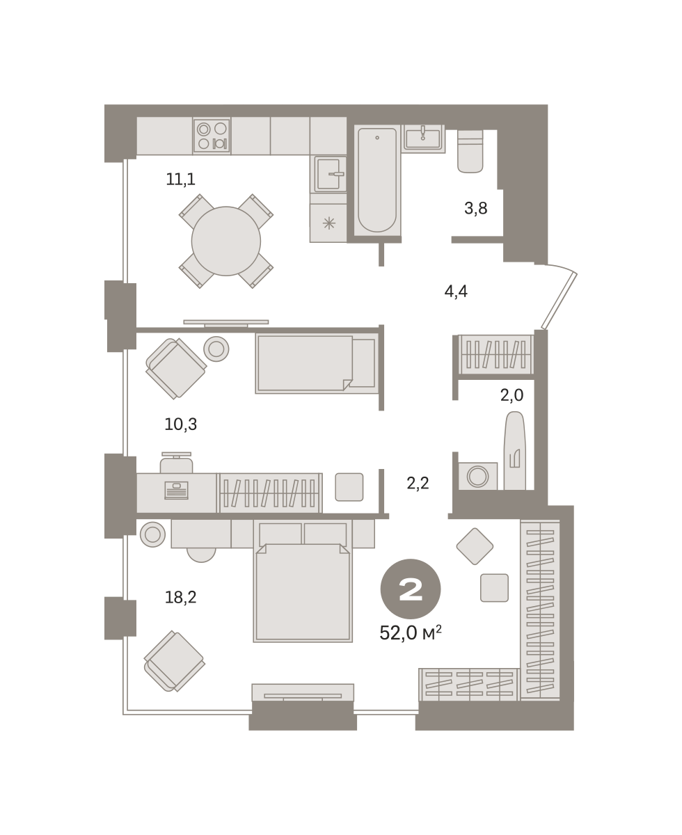 2 комн. Квартира 52 кв. м