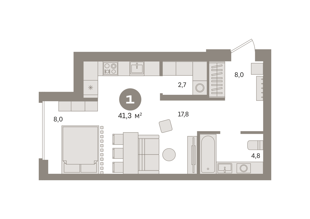 1 комн. Квартира 41.4 кв. м