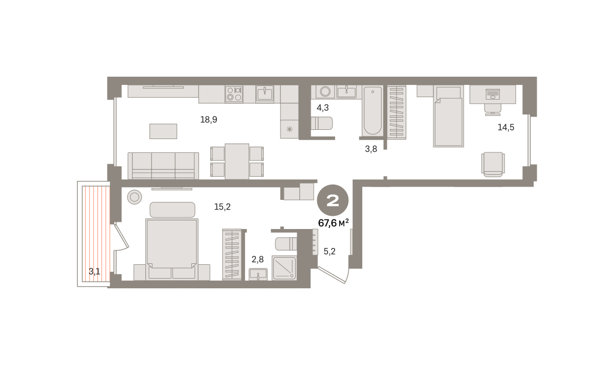 2 комн. Квартира 67.6 кв. м