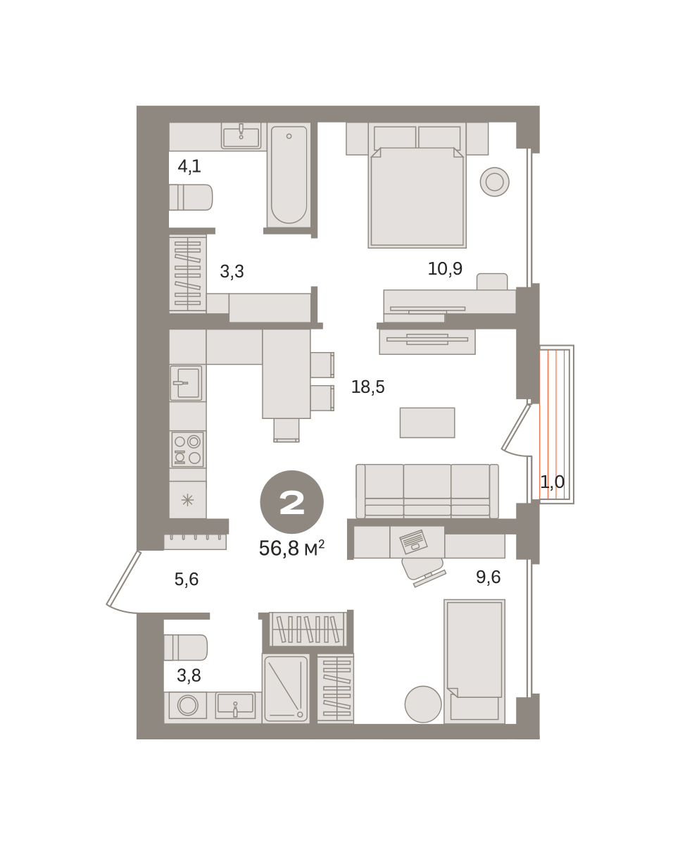 2 комн. Квартира 56.8 кв. м