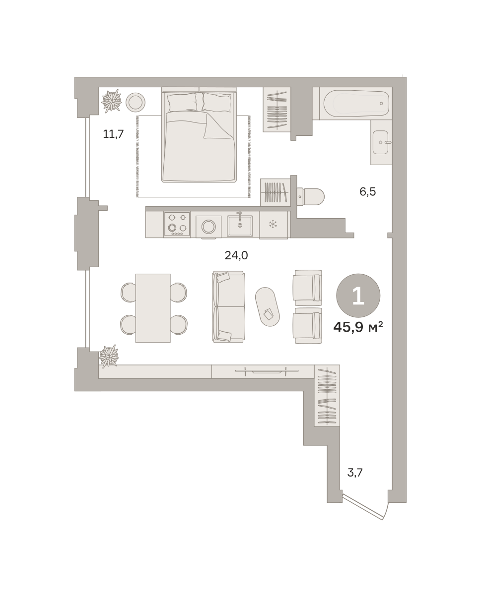 1 комн. Квартира 45.8 кв. м