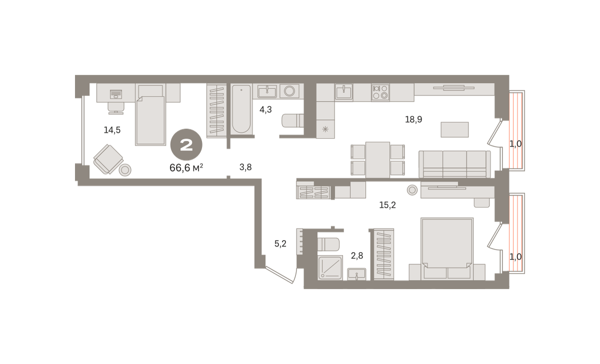 2 комн. Квартира 66.6 кв. м