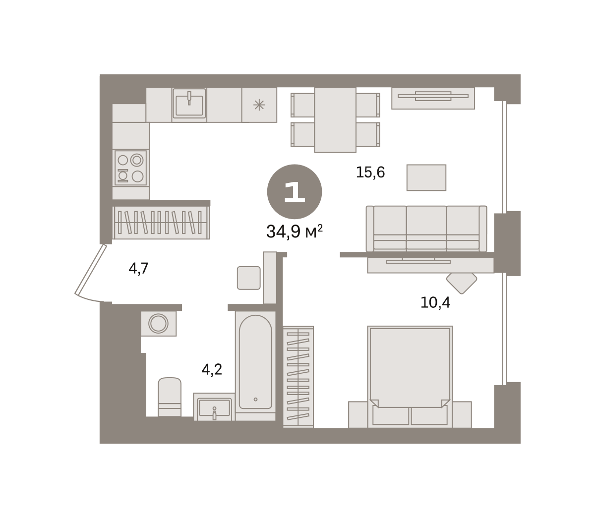 1 комн. Квартира 34.9 кв. м