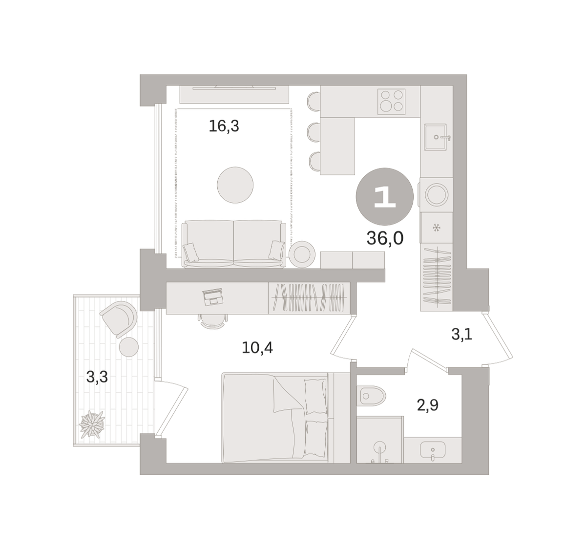 1 комн. Квартира 36 кв. м