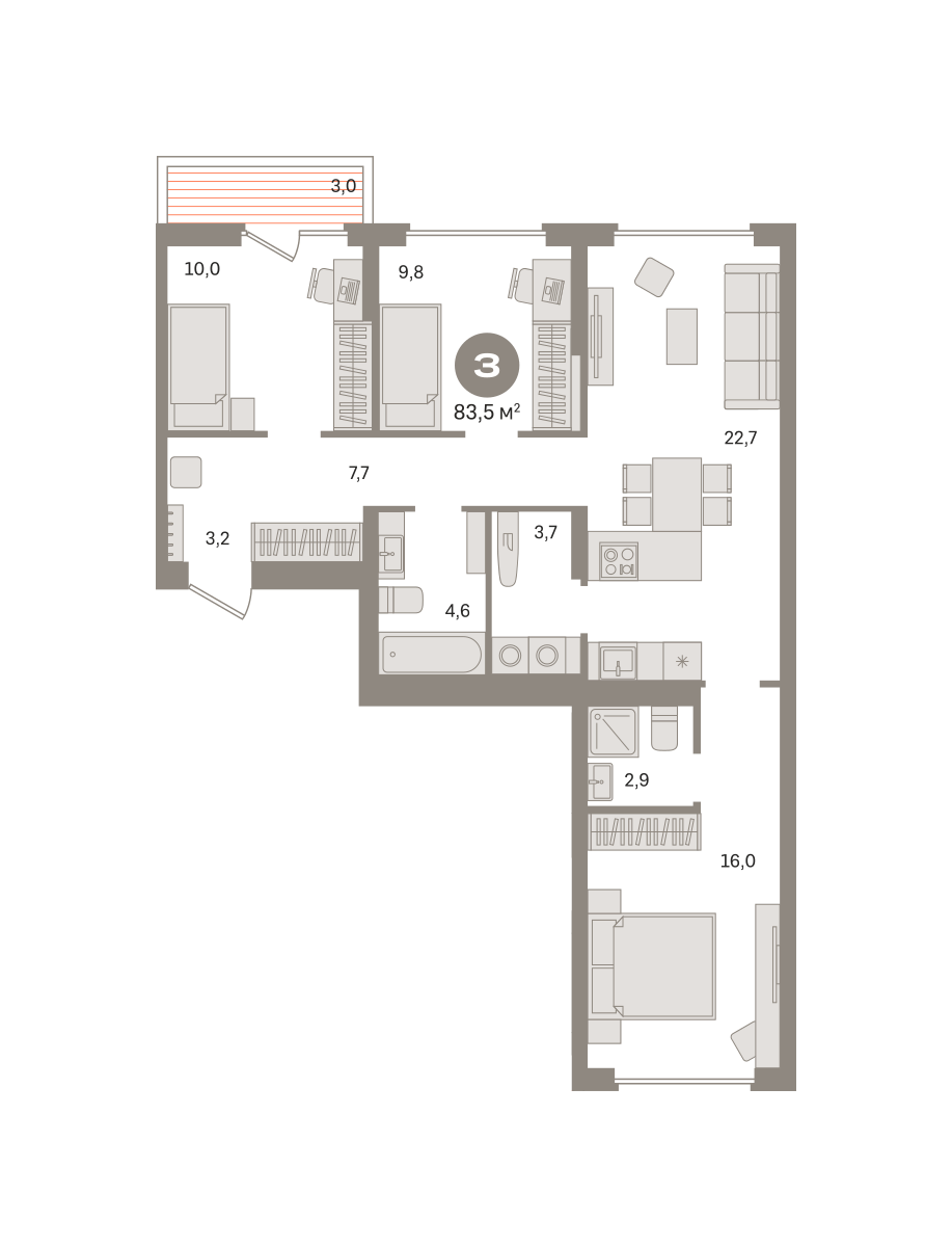 3 комн. Квартира 83.5 кв. м