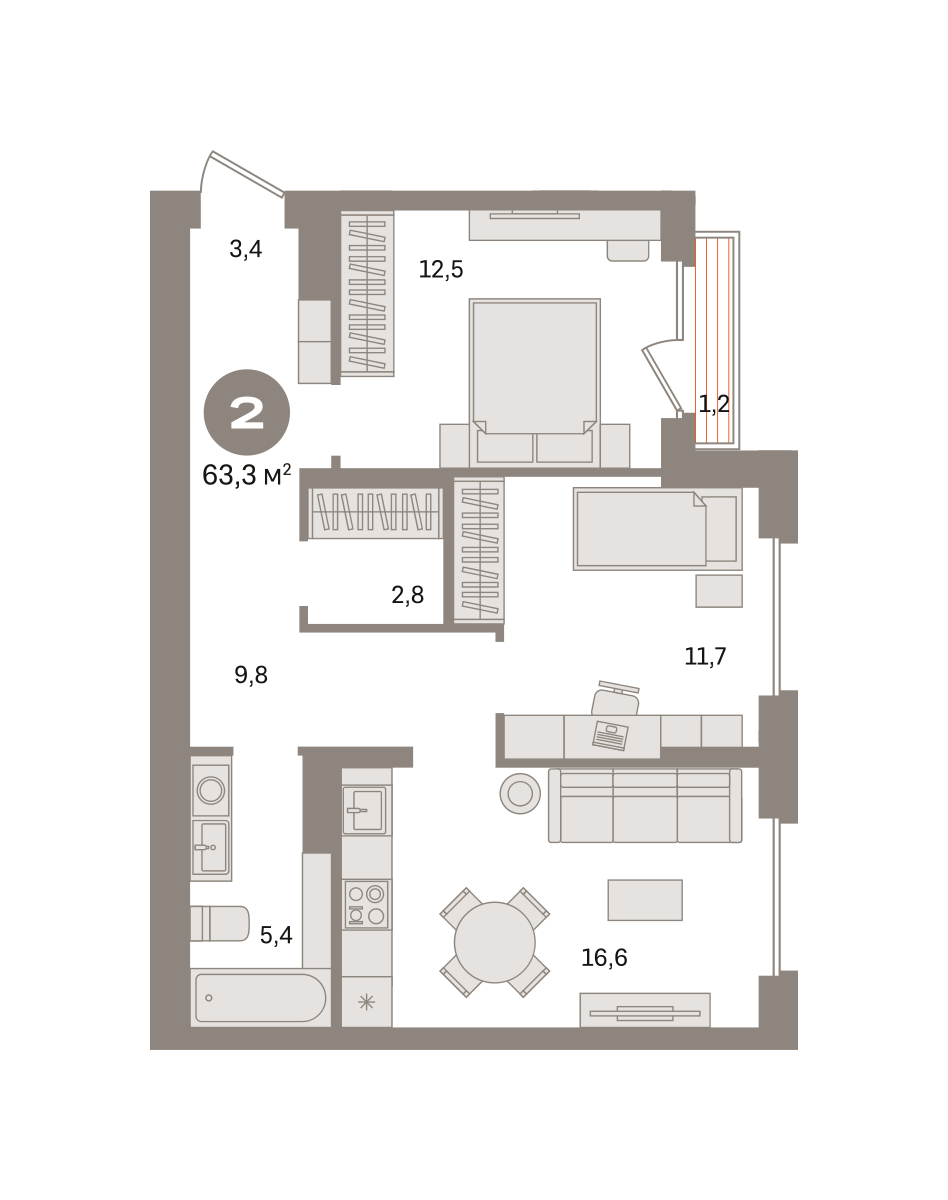2 комн. Квартира 63.3 кв. м