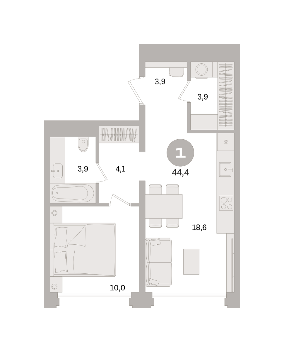 1 комн. Квартира 44.4 кв. м