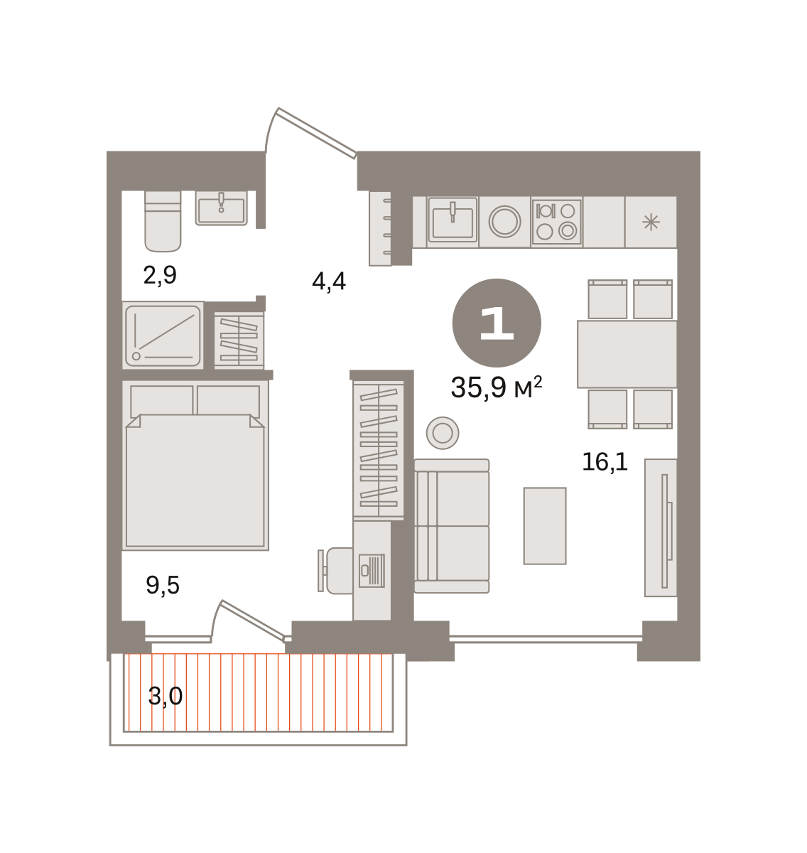 1 комн. Квартира 35.9 кв. м
