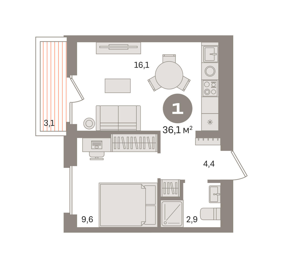 1 комн. Квартира 36 кв. м