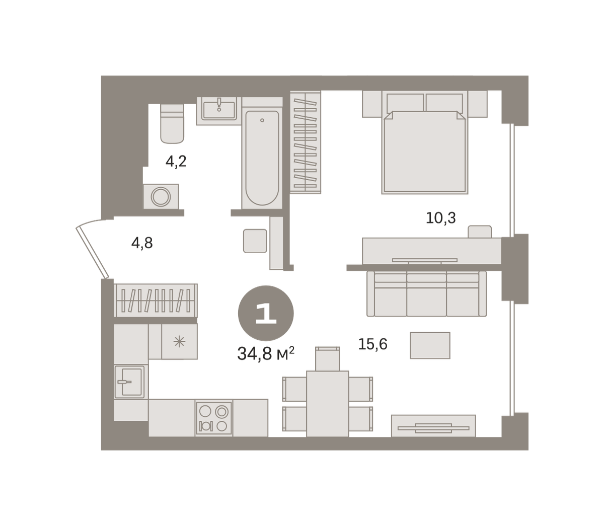 1 комн. Квартира 34.8 кв. м