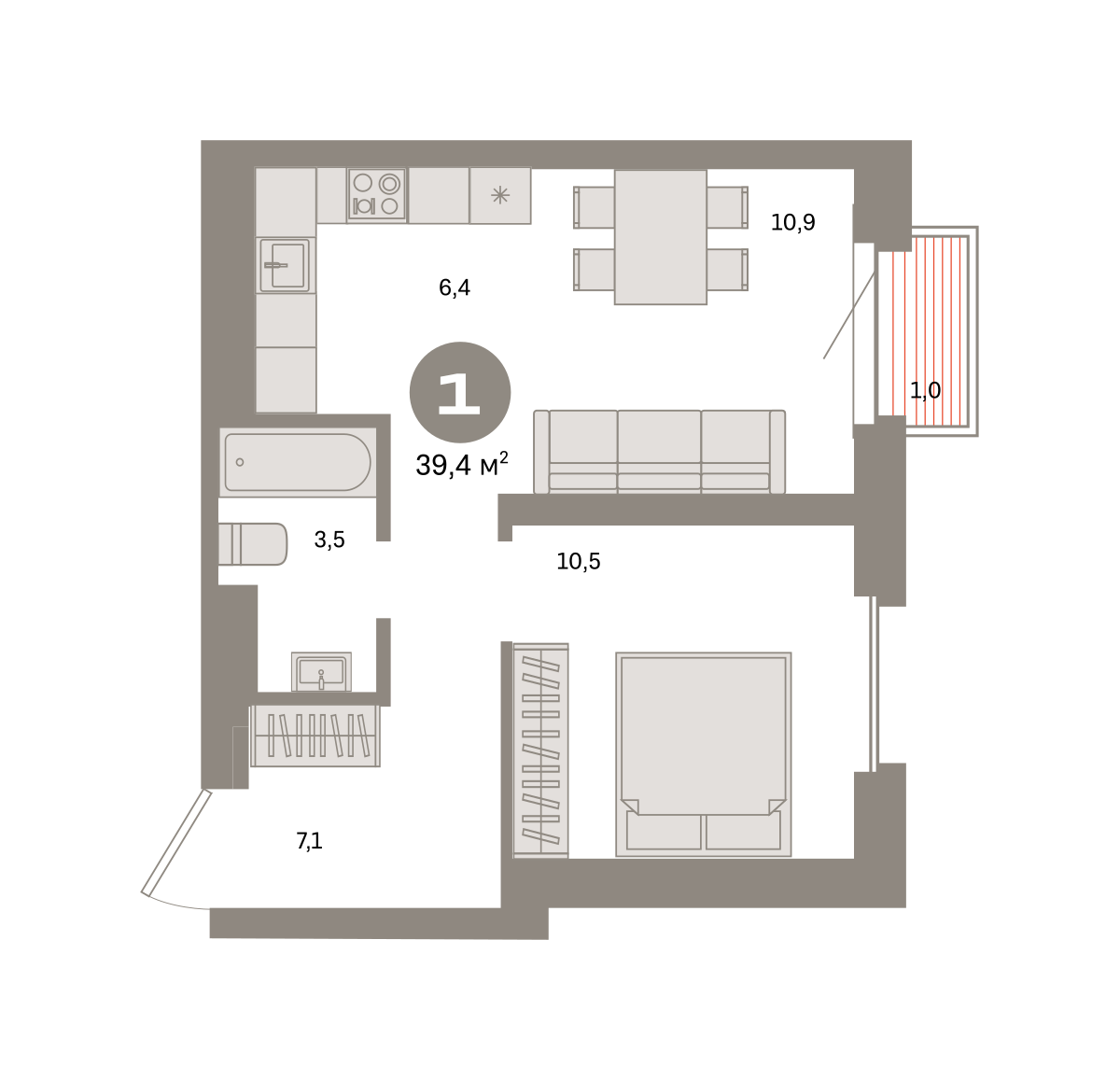 1 комн. Квартира 39.4 кв. м