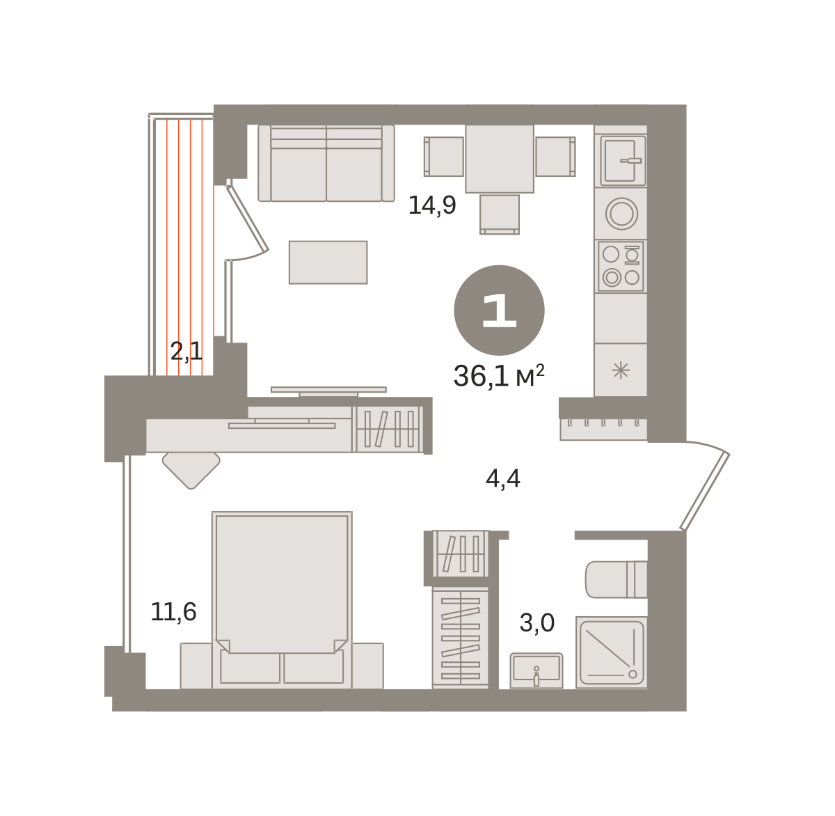 1 комн. Квартира 36.1 кв. м