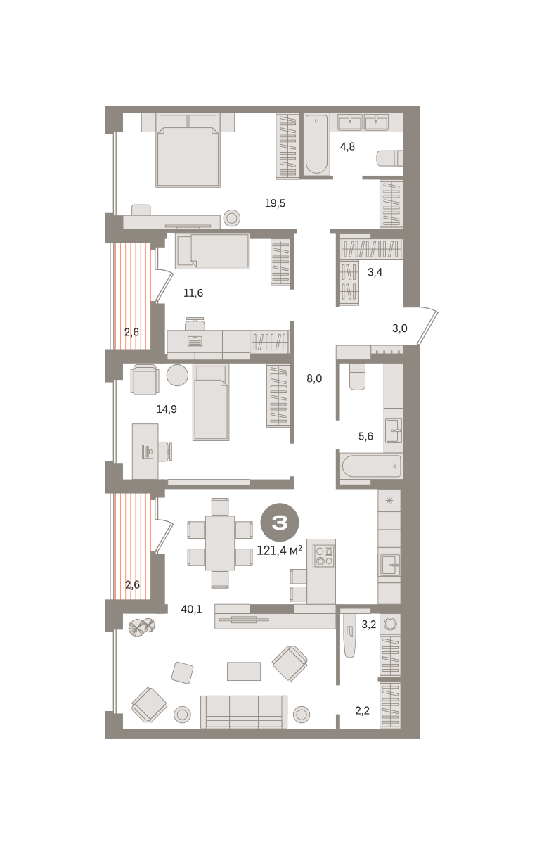 3 комн. Квартира 121.4 кв. м