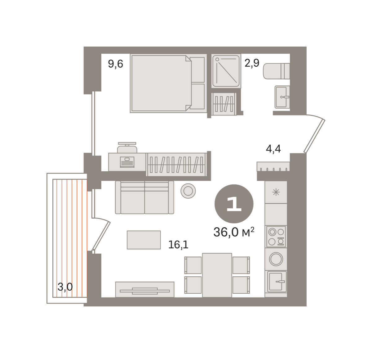 1 комн. Квартира 36 кв. м