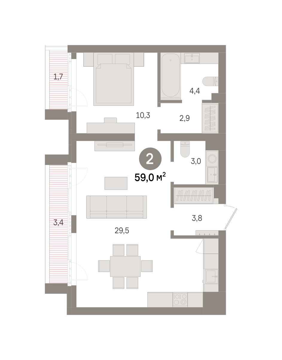 2 комн. Квартира 59 кв. м
