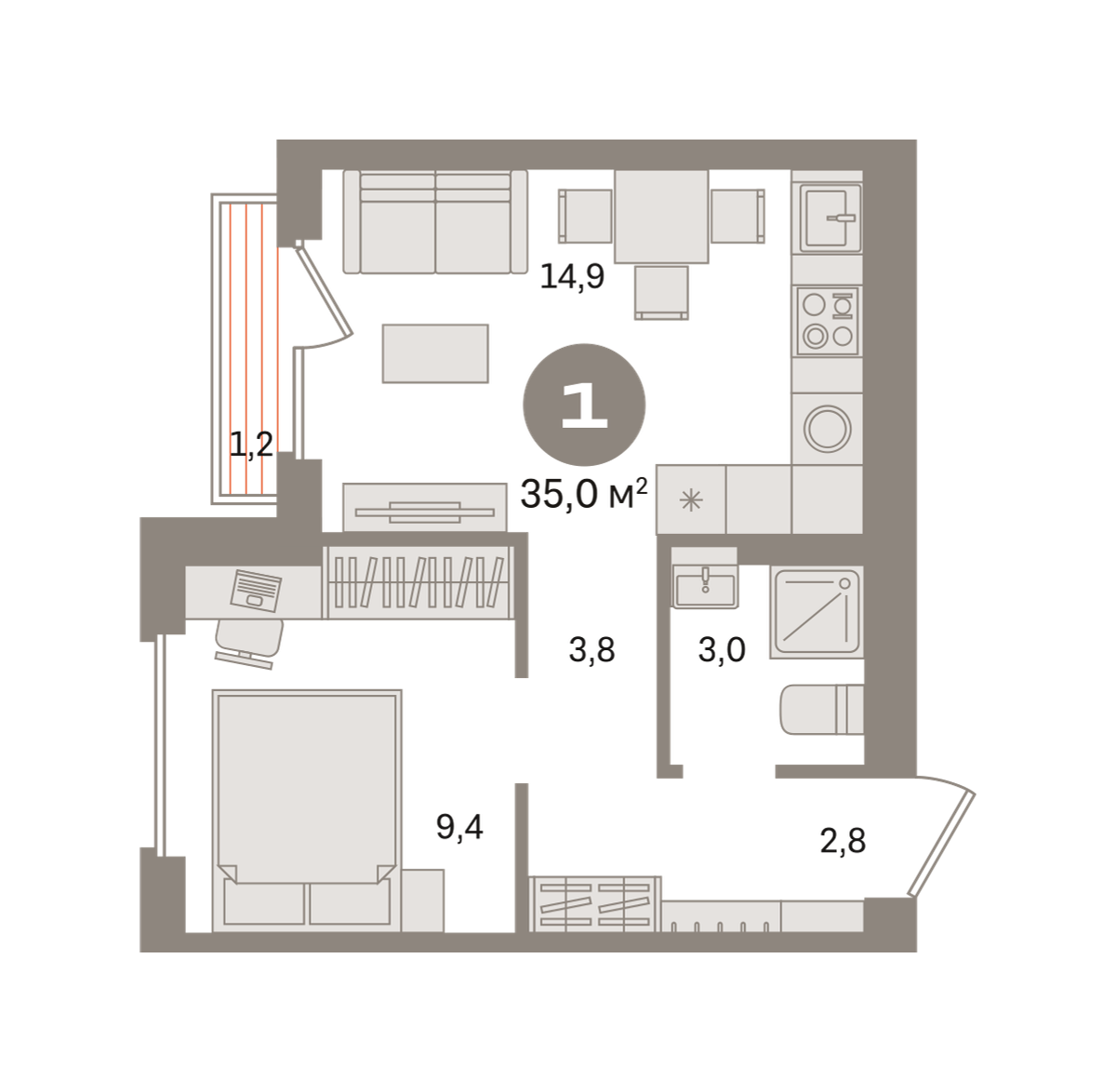 1 комн. Квартира 35 кв. м
