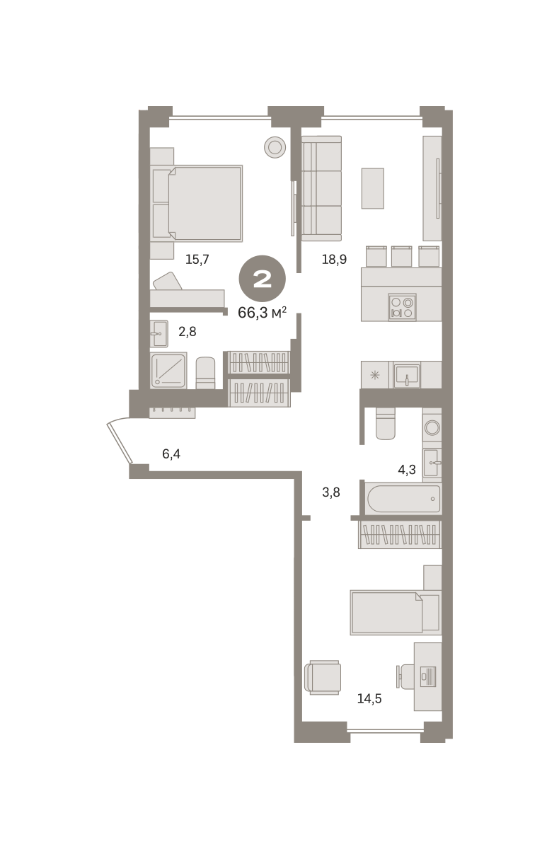 2 комн. Квартира 66.3 кв. м