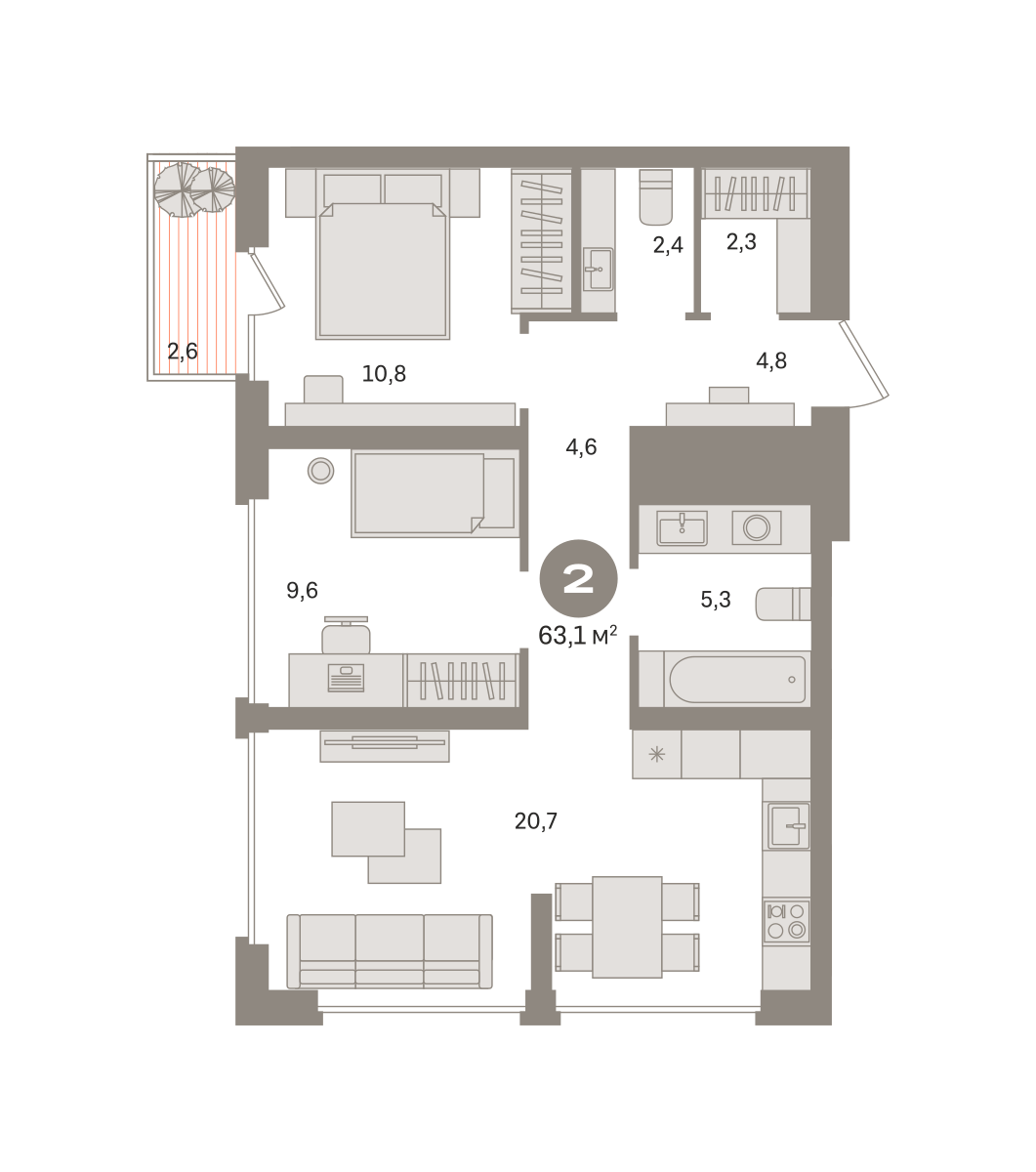 2 комн. Квартира 63.5 кв. м