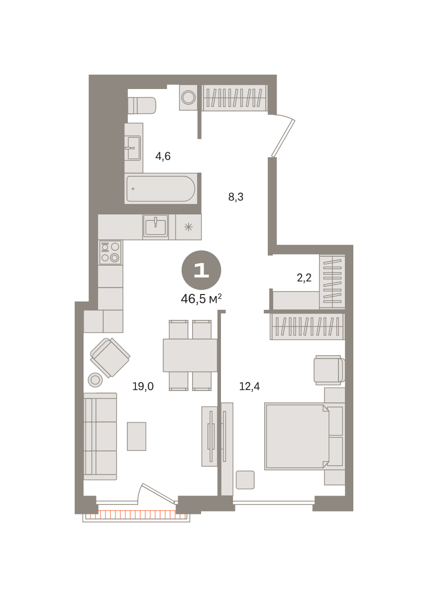 1 комн. Квартира 46.5 кв. м
