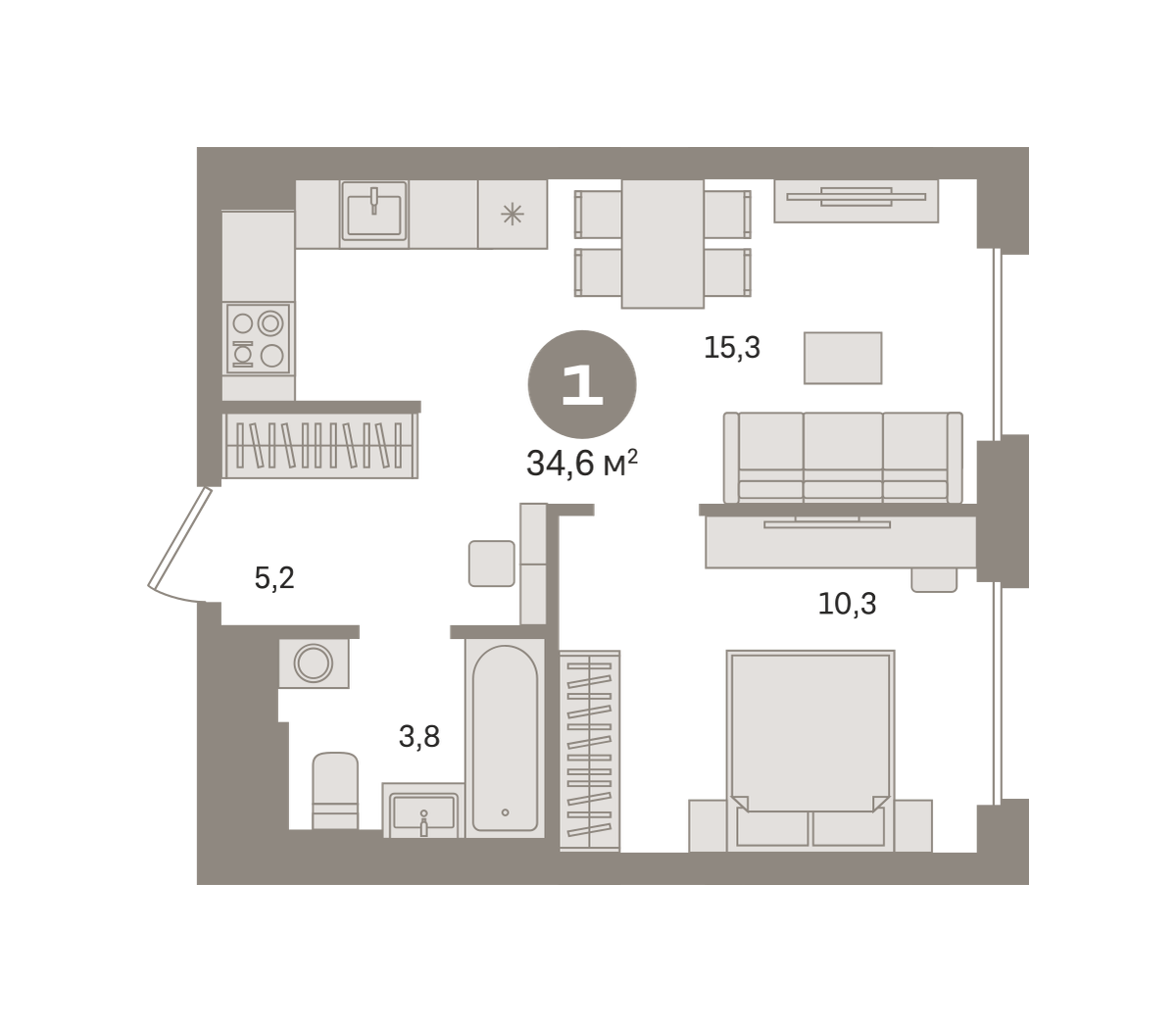 1 комн. Квартира 34.6 кв. м