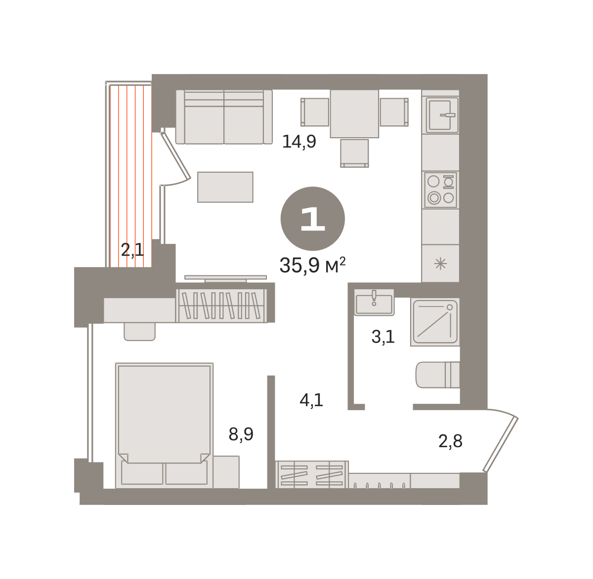 1 комн. Квартира 35.9 кв. м