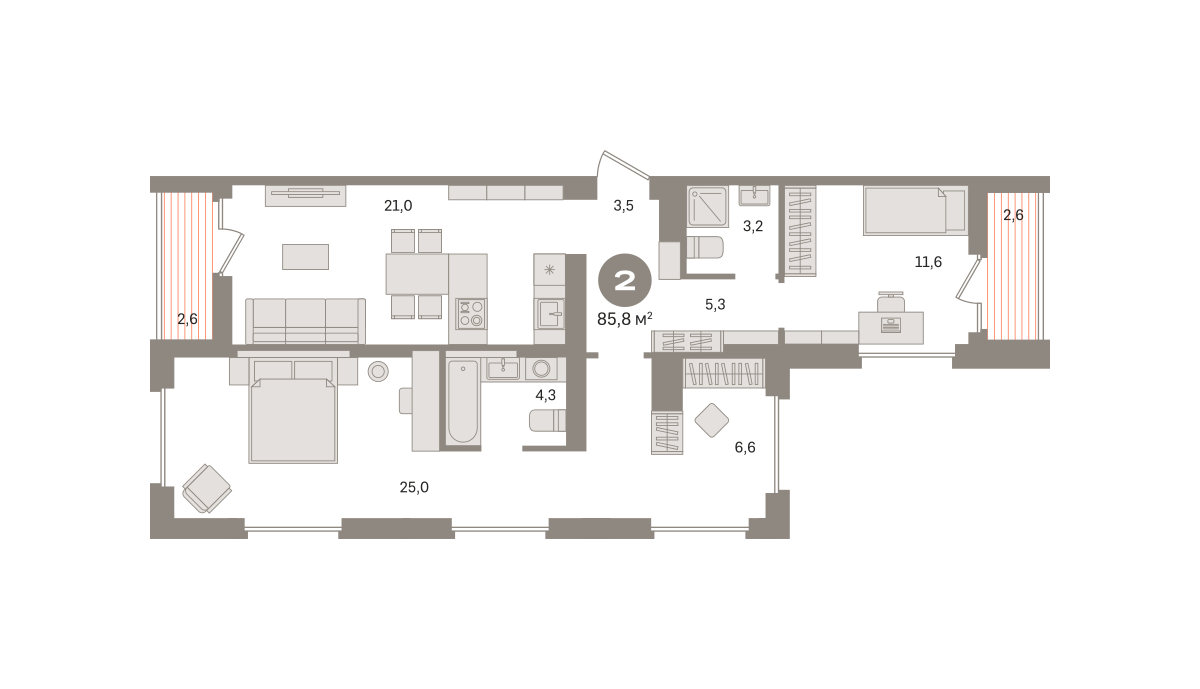 2 комн. Квартира 85.8 кв. м