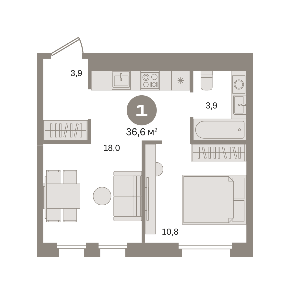 1 комн. Квартира 36.6 кв. м