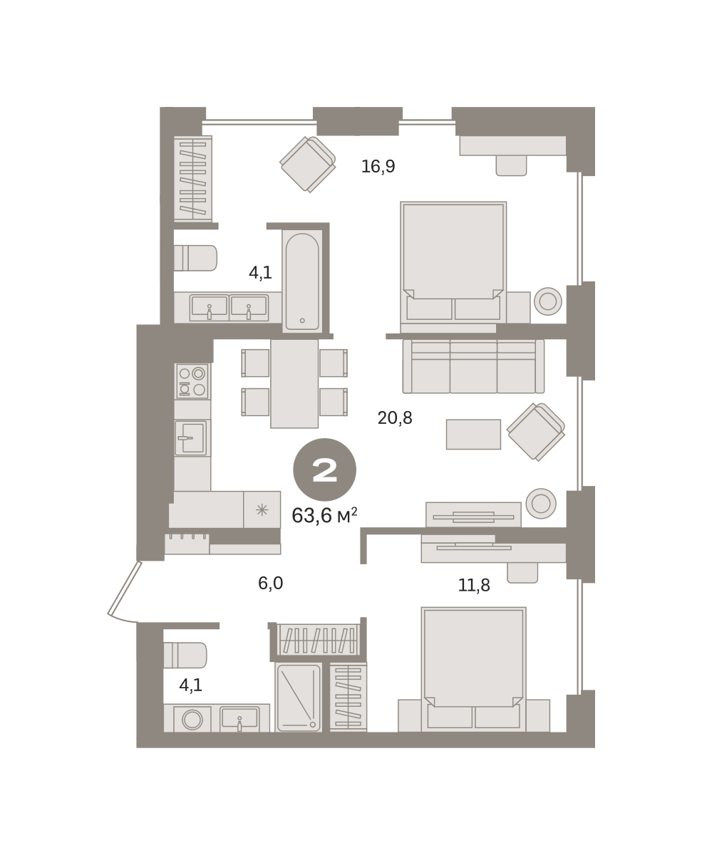 2 комн. Квартира 63.6 кв. м