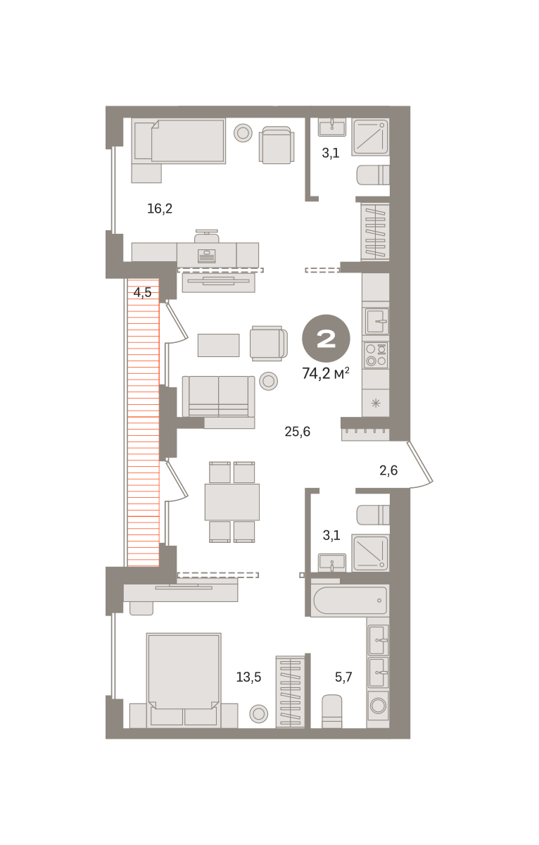 2 комн. Квартира 74.2 кв. м