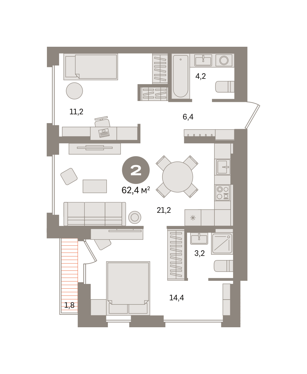 2 комн. Квартира 62.4 кв. м