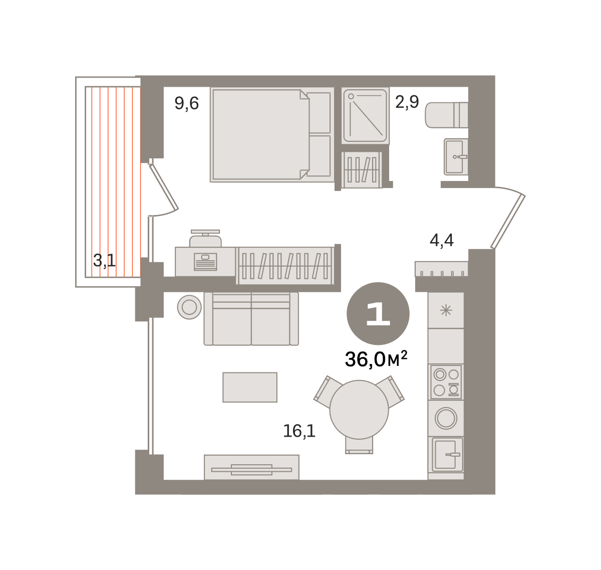 1 комн. Квартира 36 кв. м